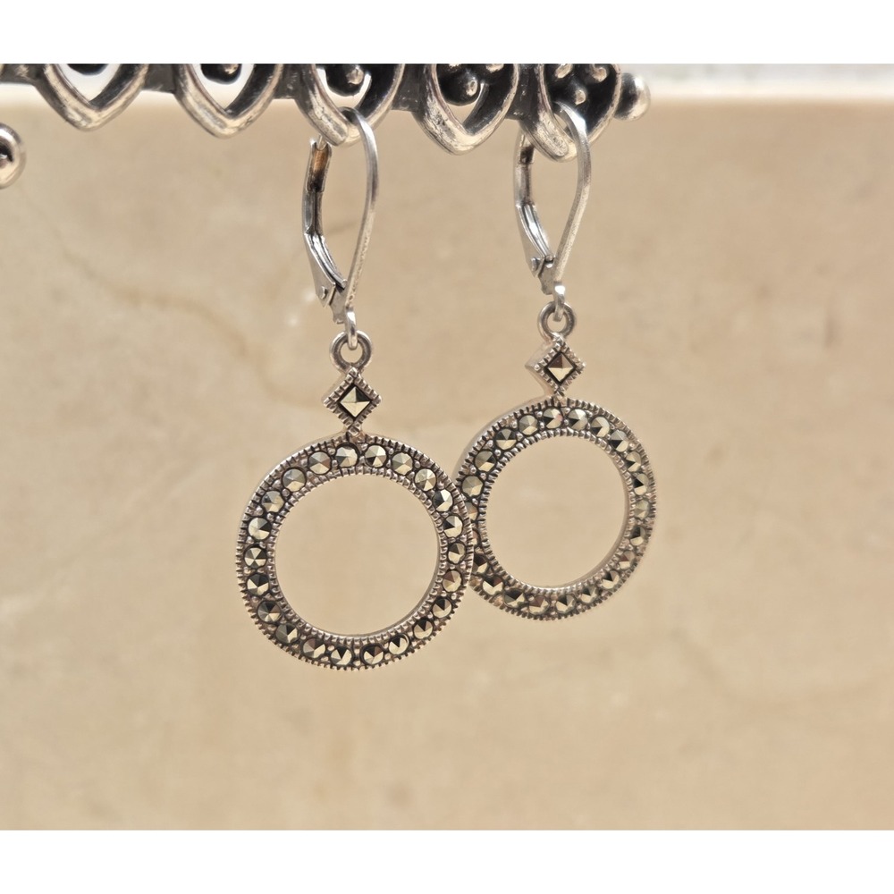 Vintage Judith Jack Sterling Silver & Marcasite Circle Dangle Earrings Signed